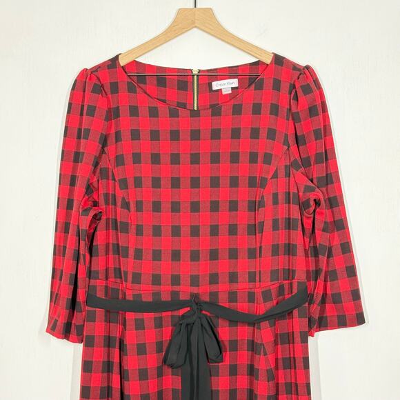 Calvin Klein Midi A-Line Dress Women's Size 22W Red Black Buffalo Plaid Belted - Picture 3 of 8
